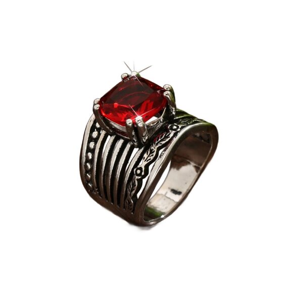 Statement Bohemian-Inspired Wide Silver Ring with Large Red CZ - Picture 2 of 4
